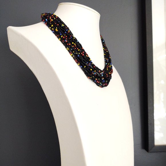 Multi strand black seed bead necklace with bright bead accents - Picture 3 of 13
